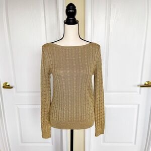LAUREN Ralph Lauren Metallic Gold Cable Knit Boat Neck Long Sleeve Sweater M